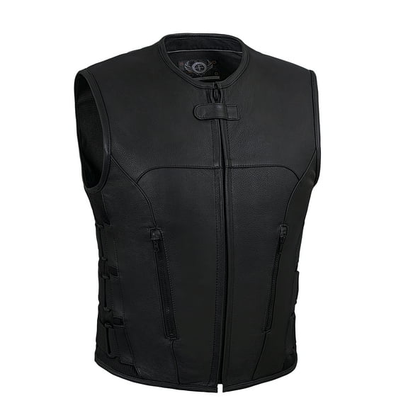 True Element Men's Swat Team Style Motorcycle Leather Vest with Side Size Adjustment (Black, Large)