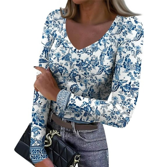 Women's Winter Slim-Fit Base Layer T-Shirt Fashionable Retro Floral Print V-Neck Pullover Long-Sleeved Top for Everyday Fashion and Comfort,Blue,L