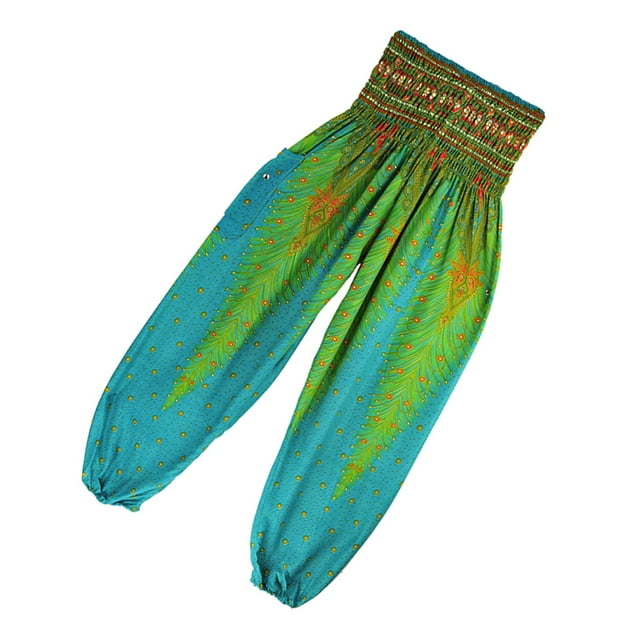 Pantalones harén coloridos con forma de pavo real, cintura fruncida, estilo hippie, para playa, verano y casual. Verde claro