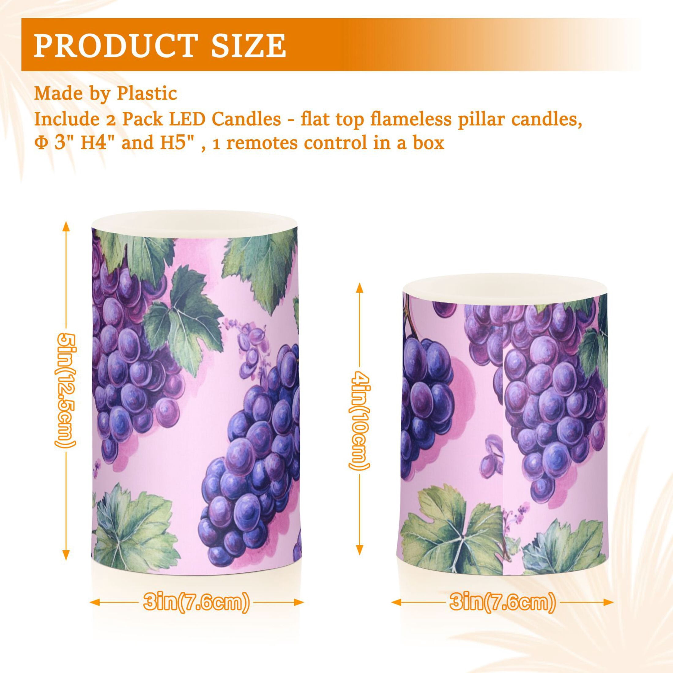 Purple Grapes Flickering Flameless Candles Battery Operated with Remote Timer LED Pillar Candles Set of 2