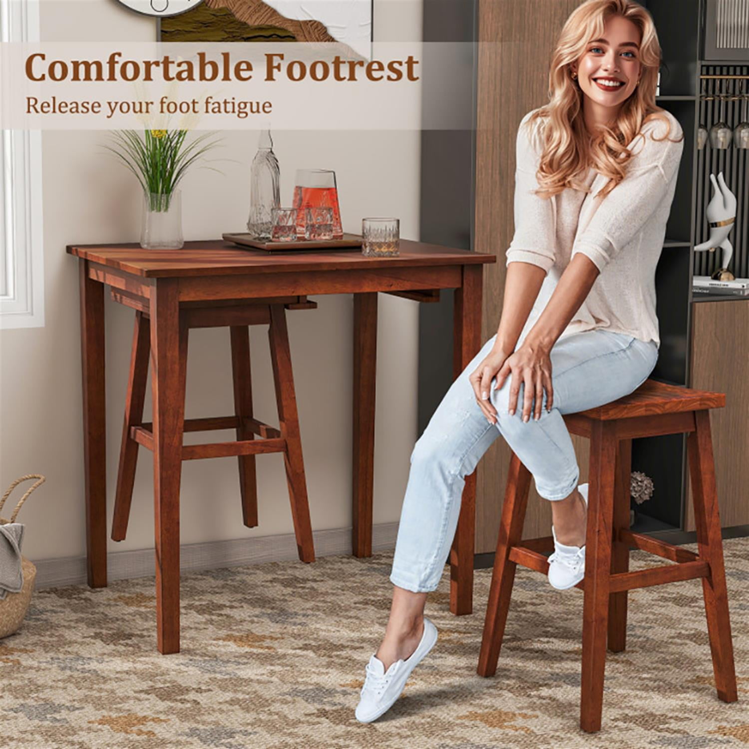 Demi Bonn 3-Piece Bar Table Set with Pub Table and 2 Saddle Stools, 35" Wooden Kitchen Dining Table Set, Perfect for Small Space, Brown