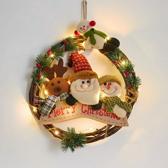 Christmas Wreath Decoration with LED for Front Door Grapevine Wreath with Snowman Santa Claus Elk Xmas Lighted Door Wreath for Indoor Garden Outdoor Wall Decoration,11.8 in