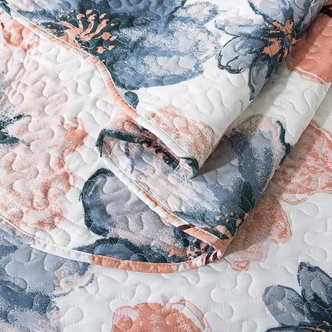 WannaToo Quilts Queen Size - 3 Piece Microfiber Quilt set Reversible Bedspreads Patchwork Coverlets Floral Bedding Set All Season, Blue and Pink