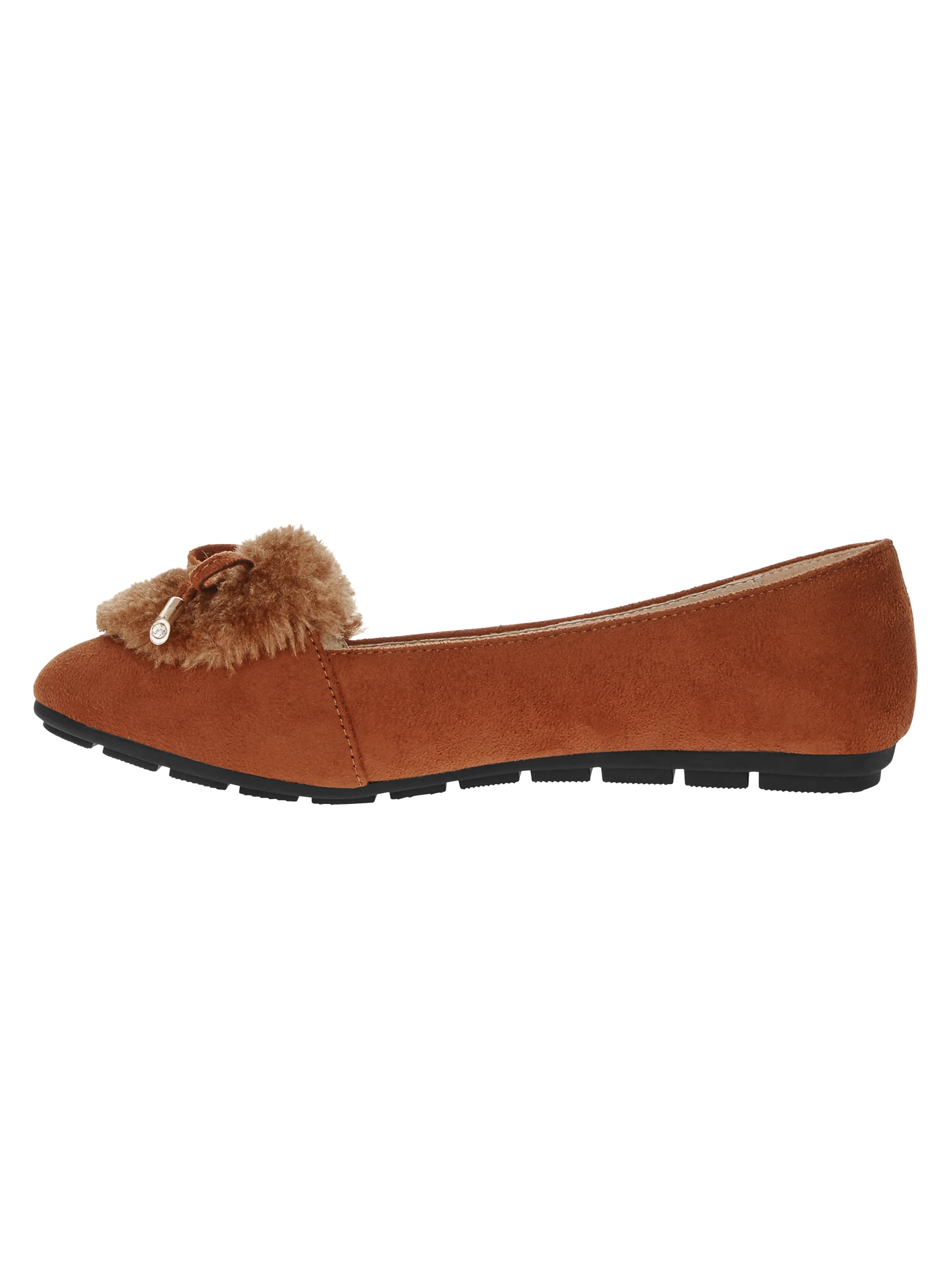 Victoria K Women's Soft Textured Material With Faux Fur Ornament And Gold Tip Bow Ballerina Flats