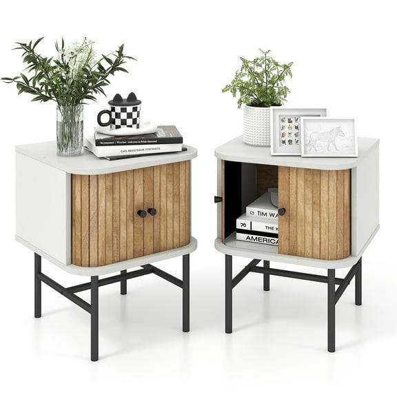 Gymax Set of 2 Nightstand Compact Modern End Side Table w/ Sliding Doors