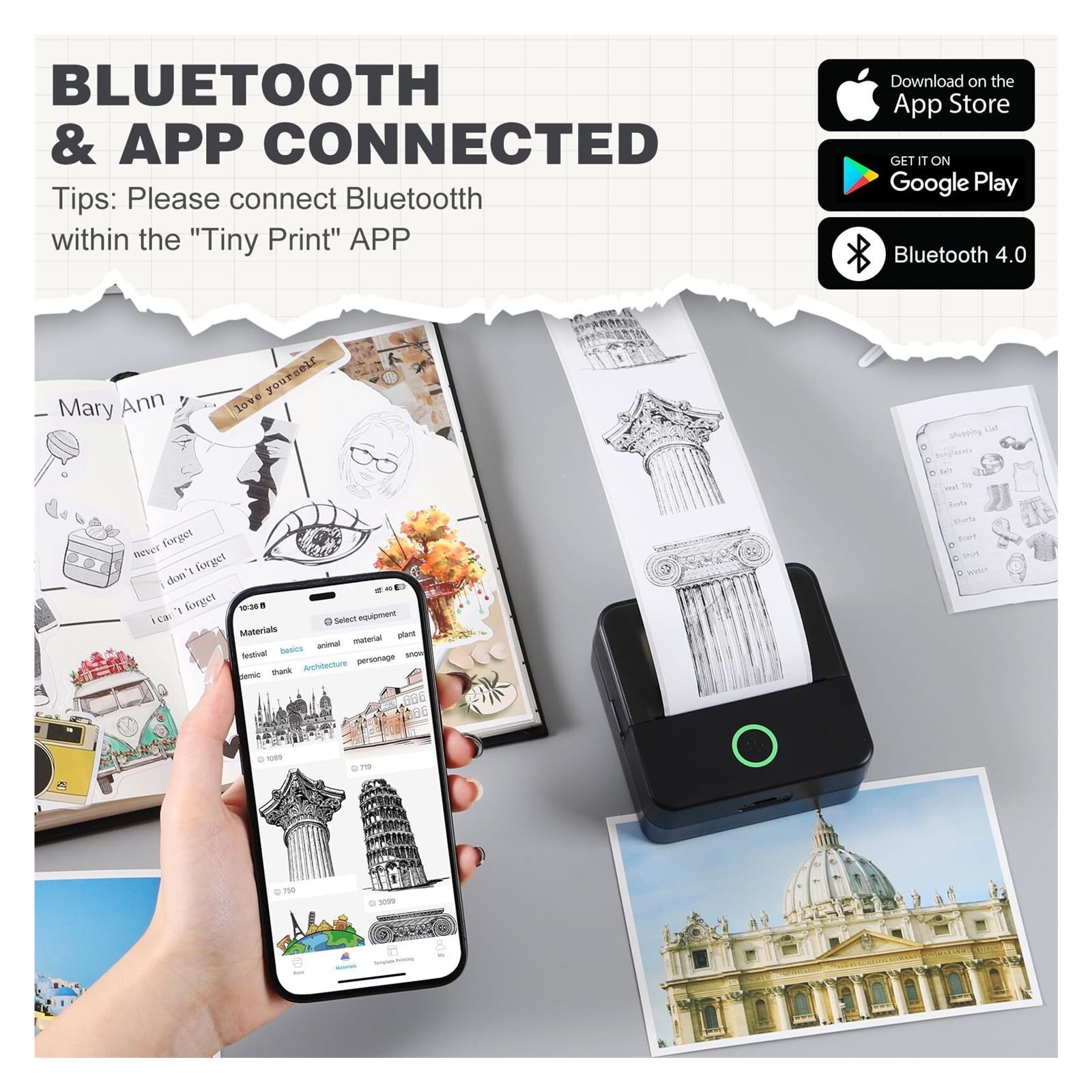 Mini Printer, Thermal Inkless Sticker Maker with 10 Rolls Printing Paper, Pocket Printpod for Phone, Impresora Portátil for Notes, DIY, Compatible with iOS & Android