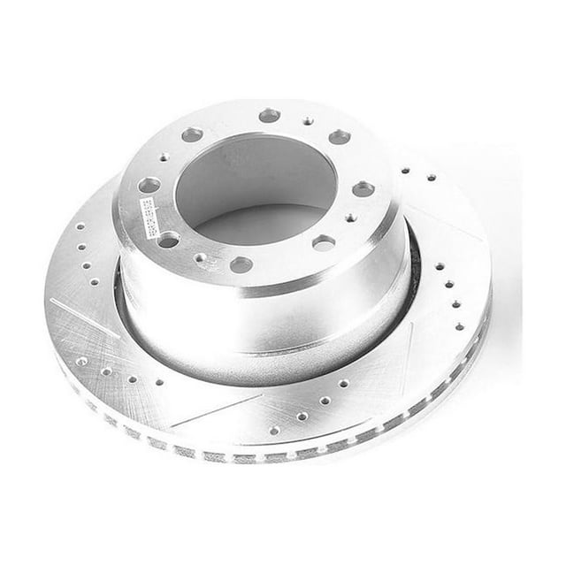 Power Stop Brake Rotor AR83067XL Evolution Series; Drilled And Slotted; One Piece Design With Hat; Wheel Bolt Pattern 8 x 165.1 Millimeter; Rear; Silver Zinc Plated Cast Iron; Single