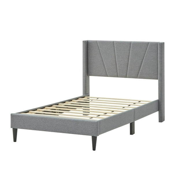 Costway Twin Bed Frame Modern Platform Bed with Linen Upholstered Wingback Headboard