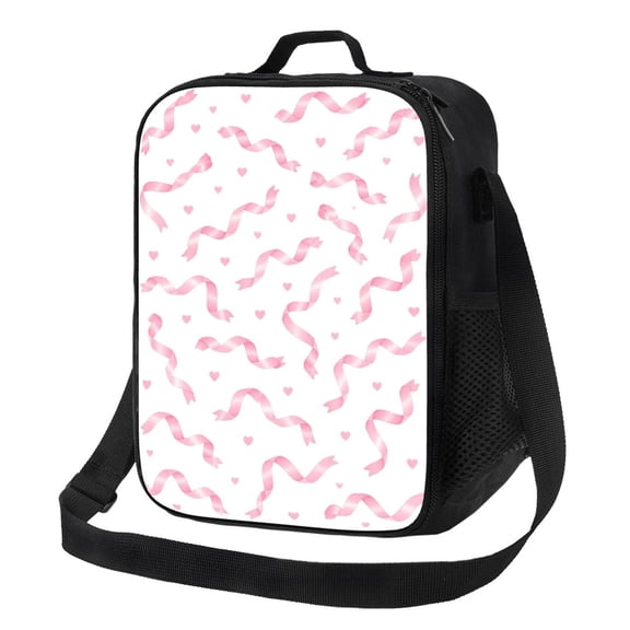 Pink Ribbon Heart Lunch Bag Insulated Thermal Lunch Box with Shoulder Strap & Handle for Women and Men