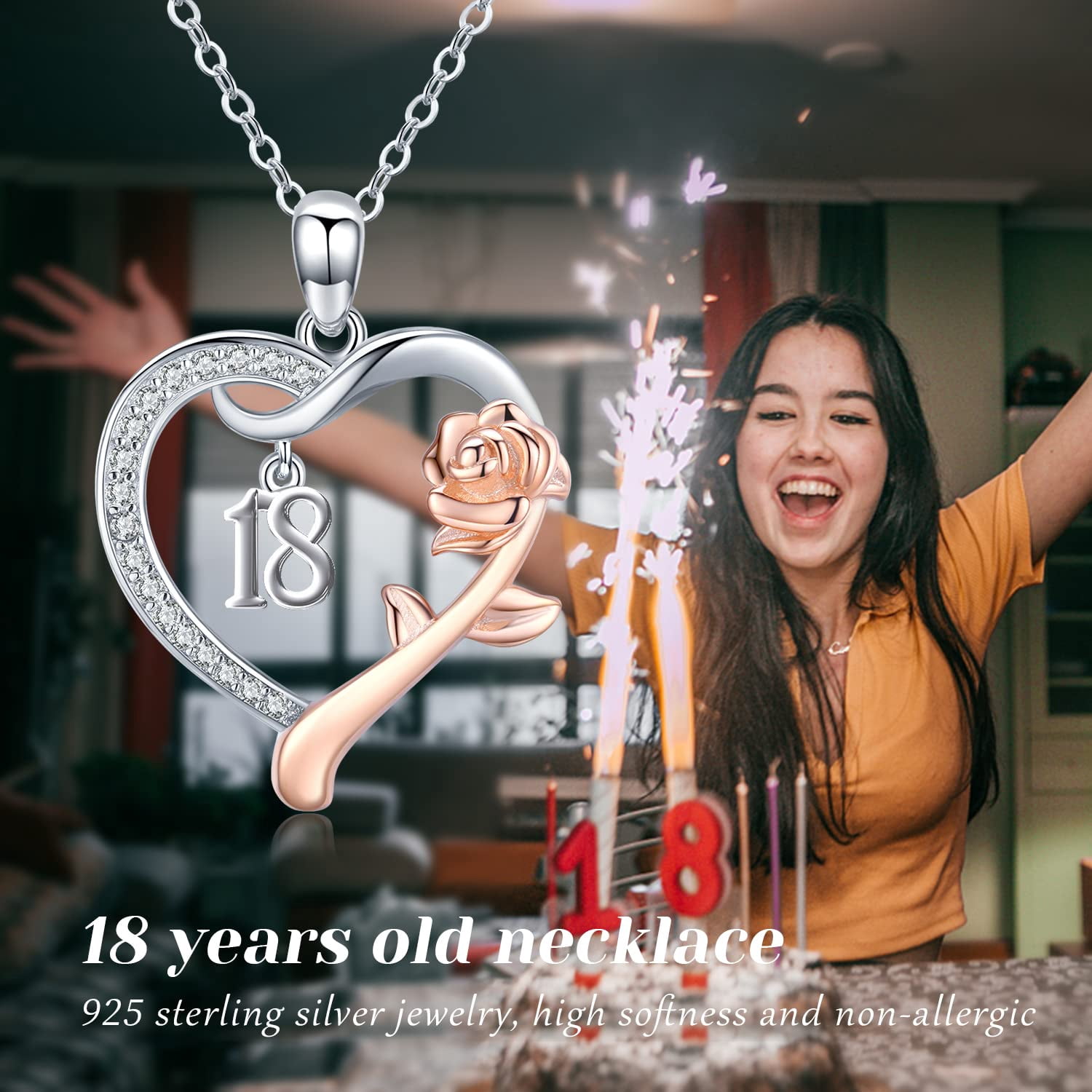 Coachuhhar 18 Year Old Birthday Gifts 925 Sterling Silver Love Heart Rose Flower Pendant Necklace 18th Jewelry Christmas Gifts for Women Girlfriend Sister