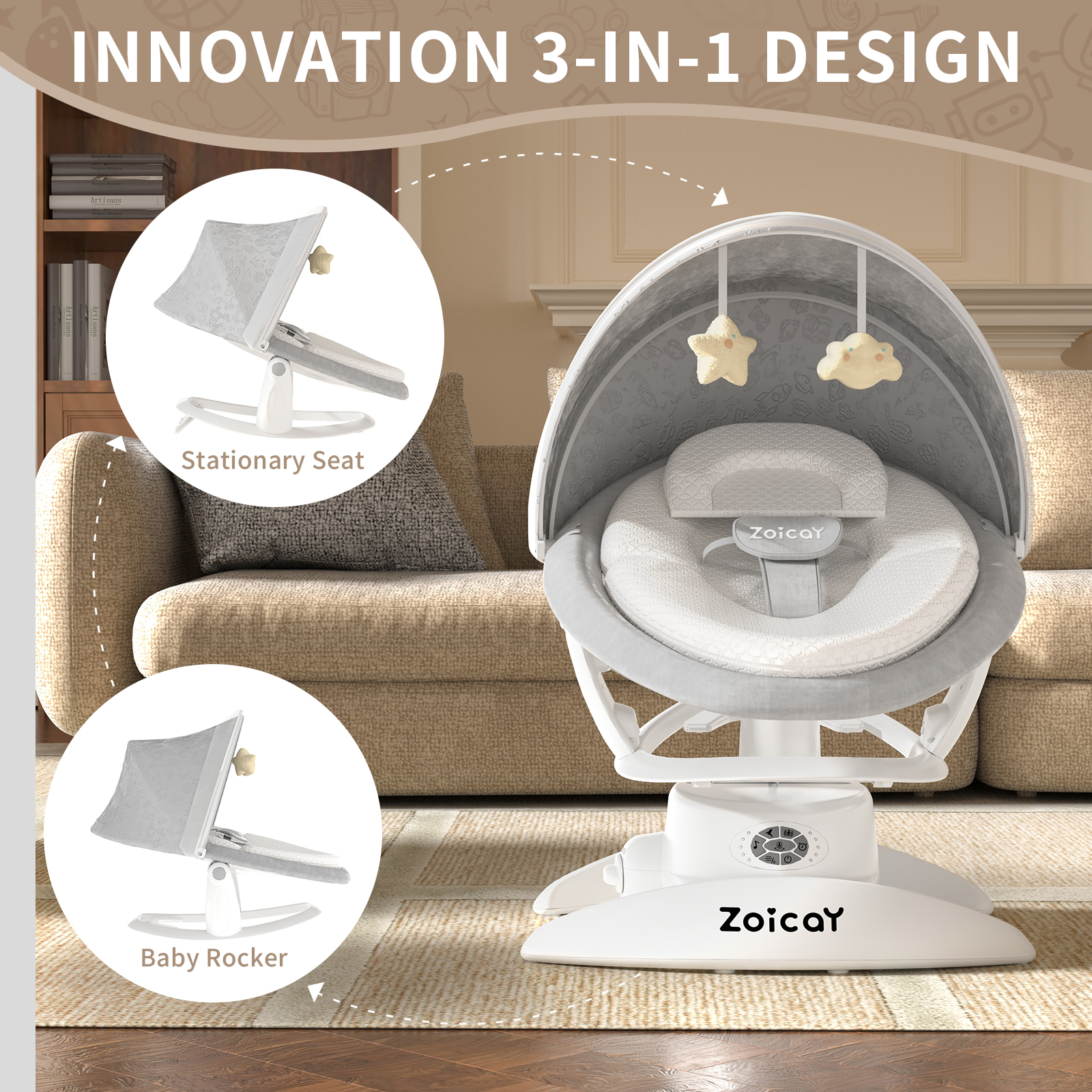 Zoicay Baby Swing, Baby Rocker Stationary Seat Infants Swing 3-IN-1 Design,  Motion Detection, 5 Speeds & 3 Modes,12 Melodies & Bluetooth Music, White