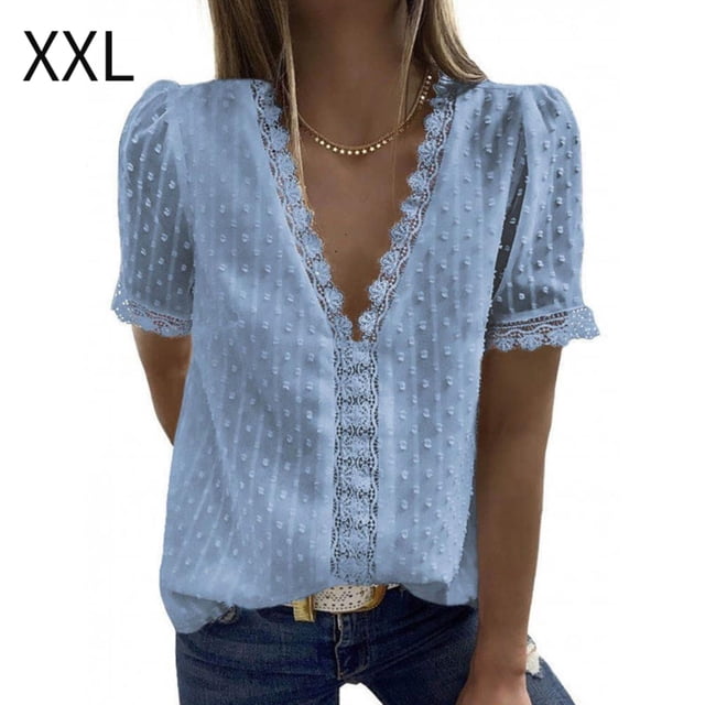 Camiseta de mujer Encaje Cuello en V Camisa de manga corta Blusa Top casual, Azul claro, XXL Scienceny AP001454-10
