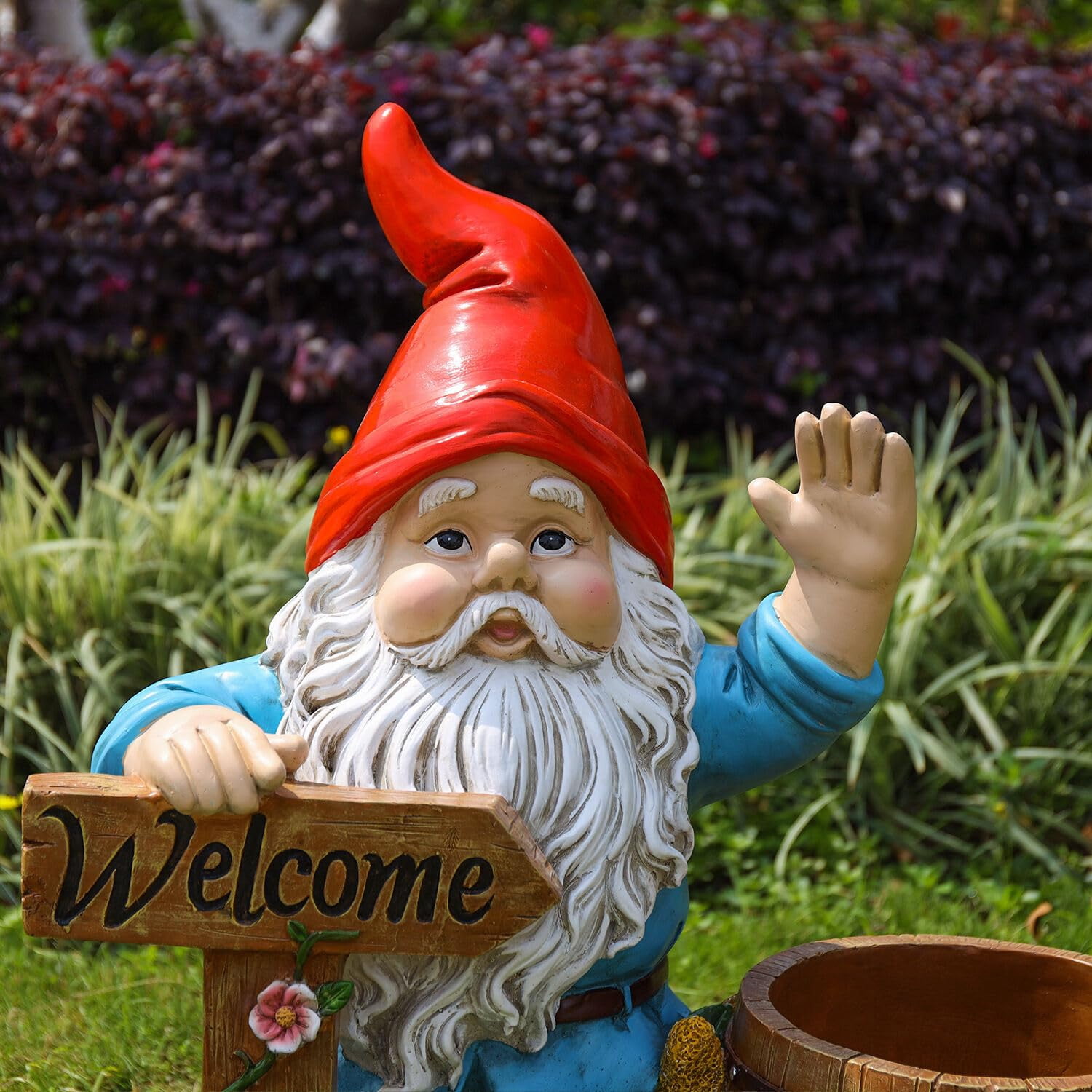 Outdoor Garden Gnome Flower Pot Planter with Welcome Sign, Unique Yard Statue for Patio, Lawn, Garden, Front Porch Decor, Red