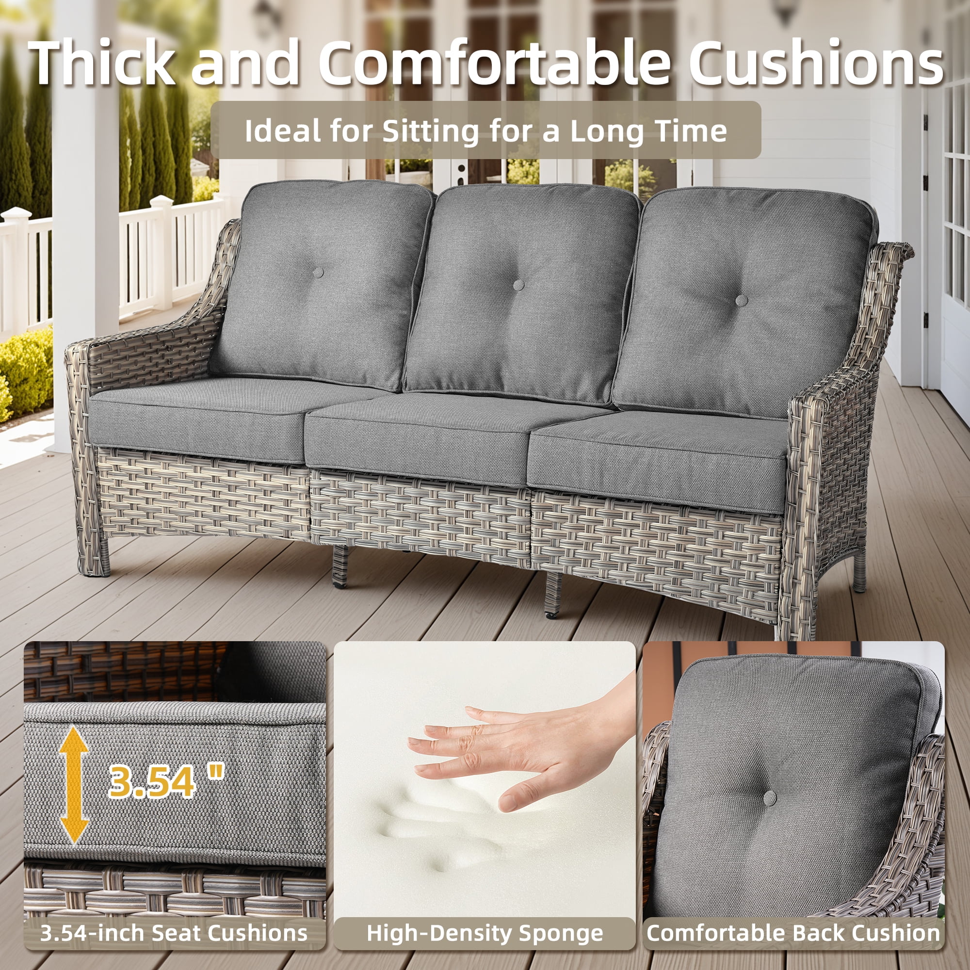 Ovios 5 Pieces Outdoor Patio Furniture Set High-Back Rattan Wicker Conversation Set Outdoor Sectional with Swivel Chairs & Solar Light Coffee Table, Dark Grey
