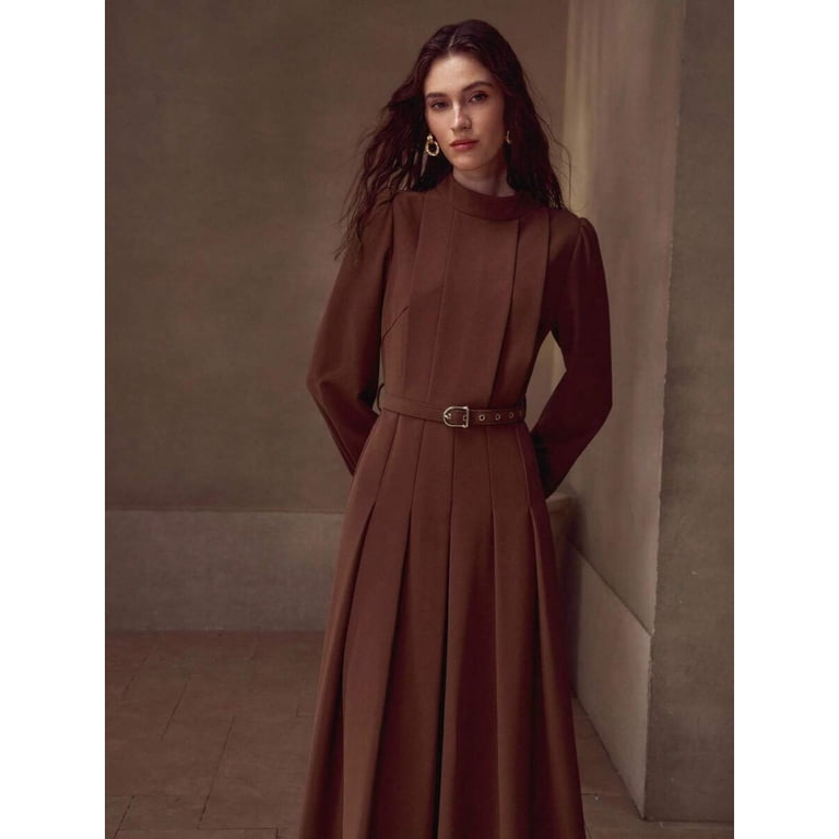 Rust Brown High-Neck Pleated Midi Dress With Belted Waist And Long Sleeves, Women's, Size: Medium