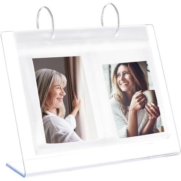 Álbum acrílico transparente de 4 pulgadas, vertical, con aperturas, ideal para familias pequeñas. 17 páginas para 68 fotos. Soporte de escritorio con marco.