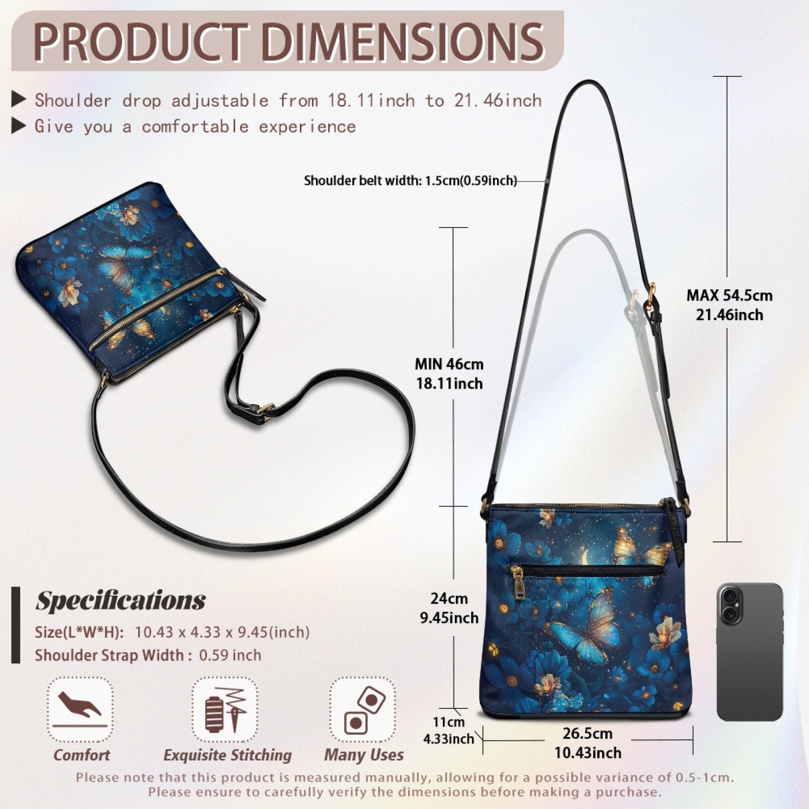 LedBack Butterfly Flower Leather Hobo Bag for Women Crossbody Satchel Bag Shoulder Handbag Purse with Zipper Pocket, Lightweight Messenger Bag for Woman Lady, Blue