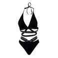 thumbnail image 6 of Levmjia Womens Lace Lingerie Set Halter Tie Back Solid Color Adjustable Strap Chain Decor Wireless Bra Panty Outfit Honeymoon Bedroom Dates, 6 of 6