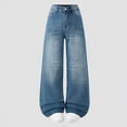 thumbnail image 2 of TOWED22 Girl's Print Back Zipper Fly Elastic High Waist Denim Pants Basic Wide Leg Jeans Blue,15-16 Y, 2 of 4