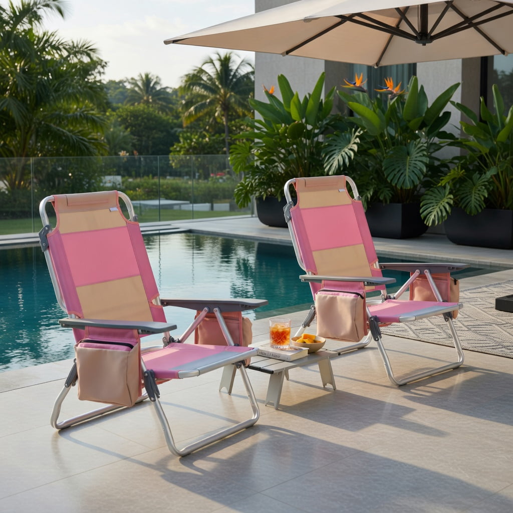Hommoo 2-Piece Portable Outdoor Folding Beach Chair Set with Side Table, 5-Position Reclining Aluminum Chairs + Compact Folding Table, Hot Pink