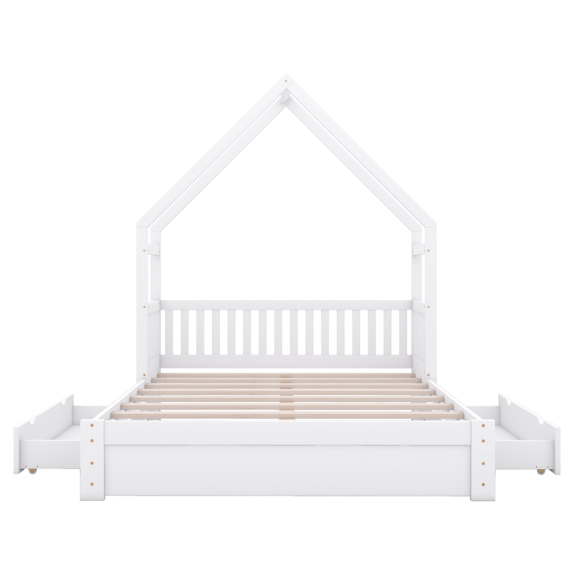 Euroco Wood Queen Bed, House Platform Bed with 2 Storage Drawers for Adults, White