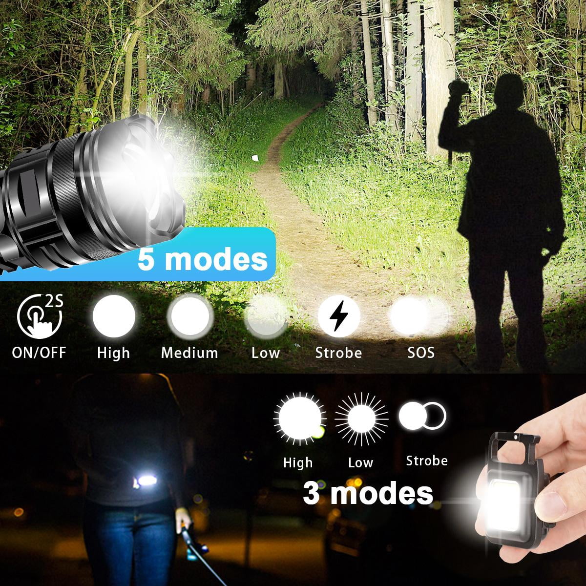 Garberiel High Lumens USB Rechargeable LED Flashlight, Super Bright Tactical Torch Light With Power Display & 26650 Battery And Mini Keychain Working Light For Outdoor Camping/Hiking/Fishing