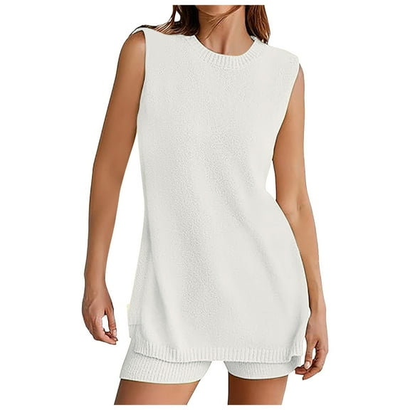 GEWSEY Women's Summer Sleeveless Sweater Lounge Sets Casual Loose Fit Tunic Tops and Shorts 2 Piece Beach Vacation Outfits (White, M)