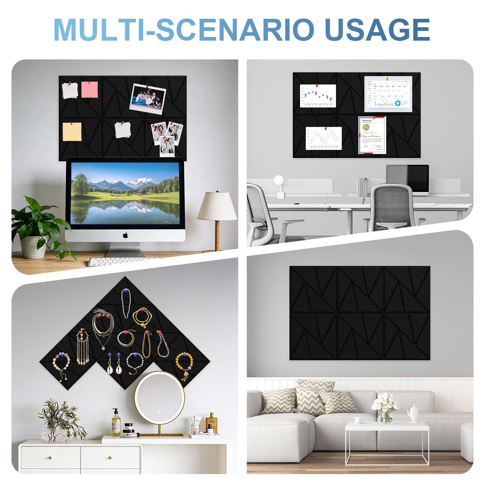 36" x 24" Vision Board, Large Decorative Felt Pin Board, Black Felt Bulletin Board, 6 Pack Foldable Felt Wall Tiles, Cork Board Alternative Tack Board for Office Wall Decor