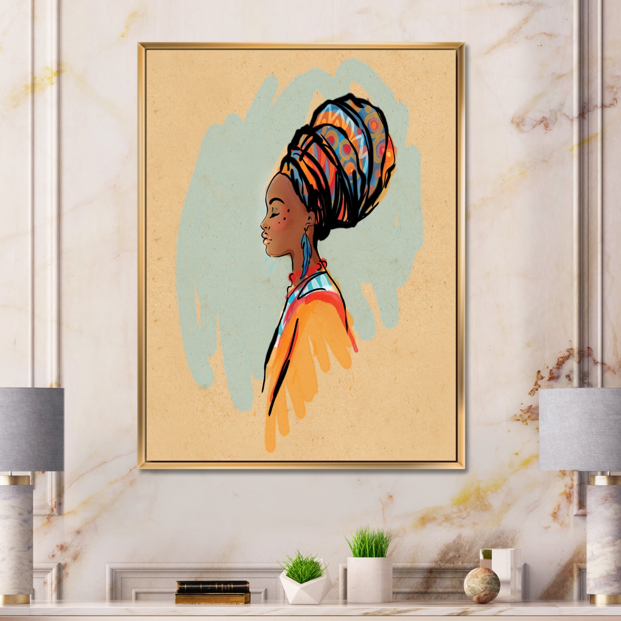 Designart 'Portrait of African American Woman With Turban II' Modern Framed Canvas Wall Art Print
