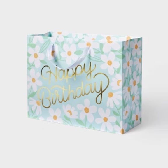 Large Foil Print 'Happy Birthday' Daisies Birthday Gift Bag Blue/White