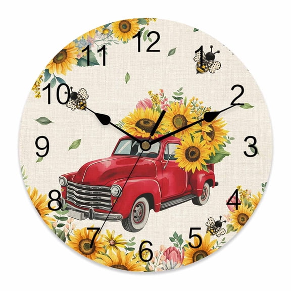 Wall Clock Sunflower Red Truck Clocks PVC Silent Non-Ticking Battery Operated Decorative Farmhouse Bee Flowers Round Clock for Home Living Room Kitchen Bedroom Office School Wall Decor 14 Inch