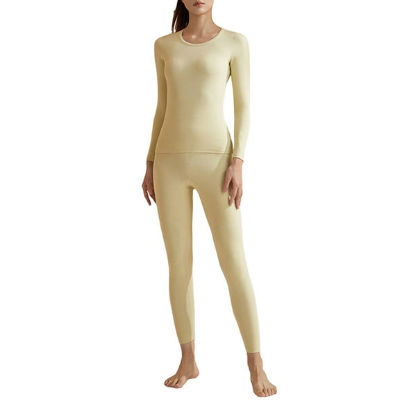 Women's Silk Thermal Underwear Set High Elasticity Seamless Round Neck Top and Pants for Autumn Winter Warmth