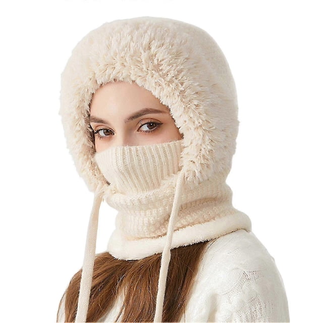 Women Winter Hat with Integrated Scarf Cold-proof Front Cover Thick Knitted Warm Solid Color Full Protection Outdoor Cycling Travel Cold Weather Cap