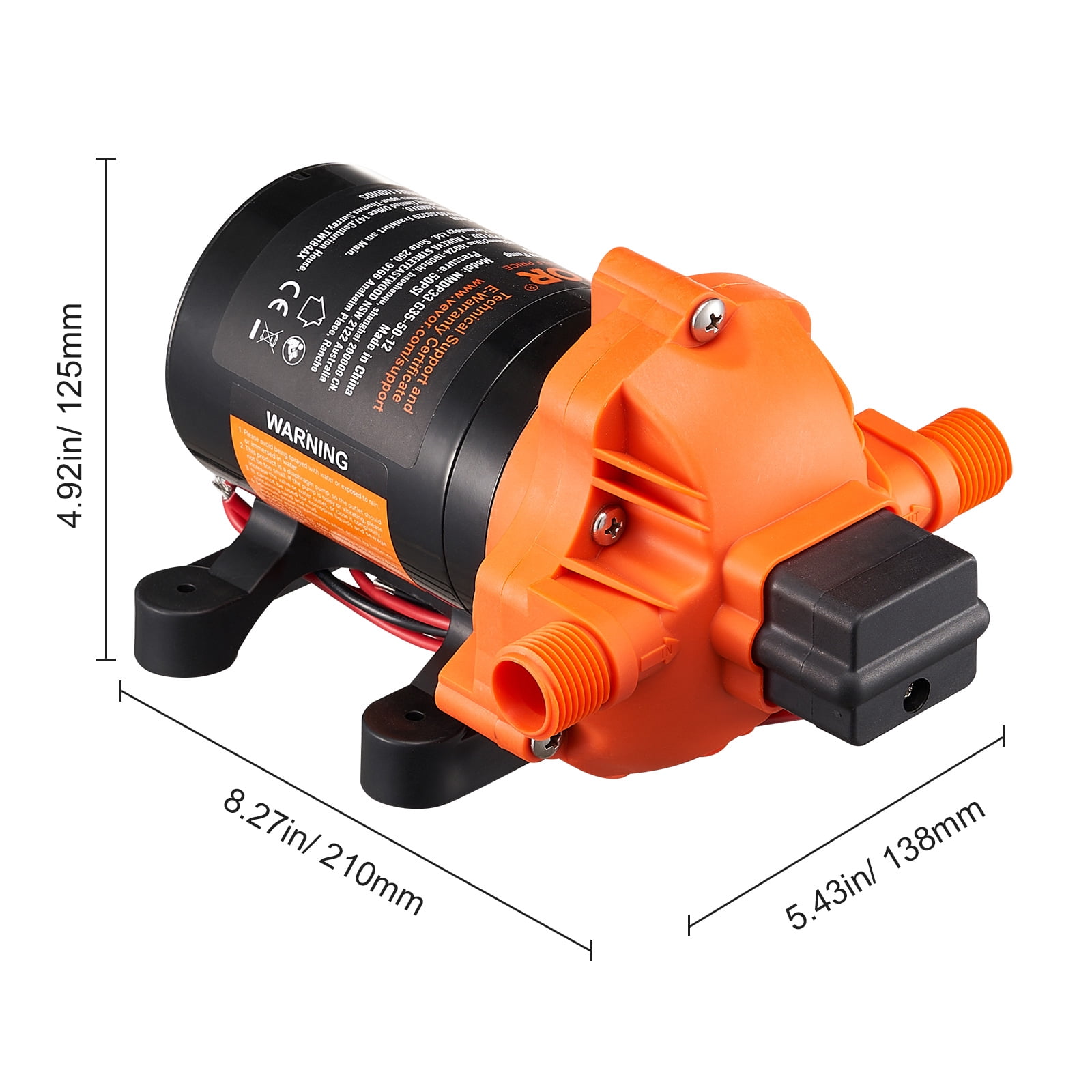 VEVOR 12V Diaphragm Pump, 3.5 GPM (13.25 L/min), 3-Chamber 12 Volt DC Water Pump with Automatic Pressure Switch 40-100 PSI Adjustable, 50 PSI, 1/2'' MNPT Port, for RV Yacht Food Truck Camper Marine