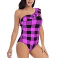 thumbnail image 3 of Haiem Purple Black Buffalo Plaid Women's One Piece Swimsuits Tummy Control One Shoulder Bathing Suits Ruffle Swimwear-Large, 3 of 8