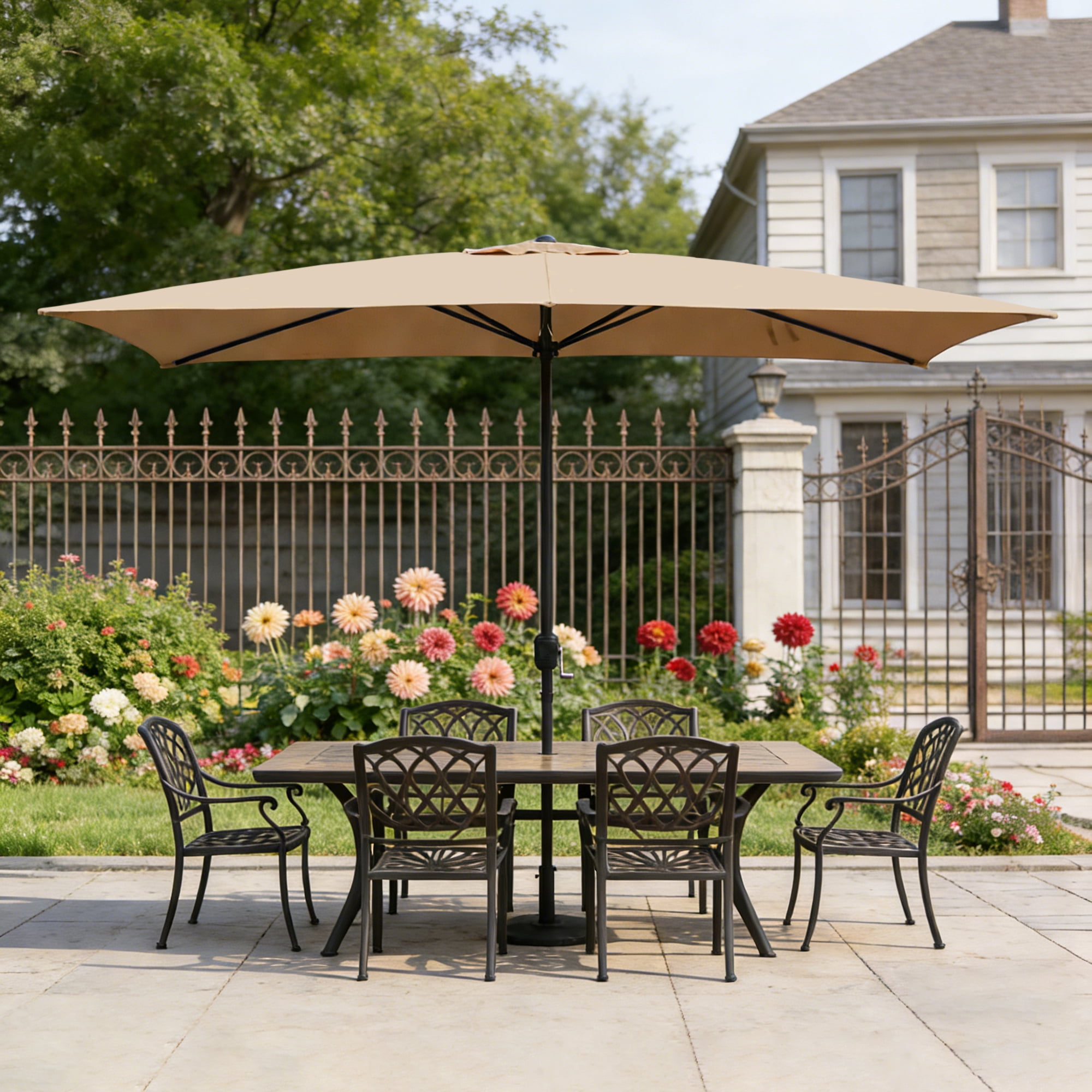 Abble 10x6.5ft Rectangular Patio Umbrella with Crank Handle, Outdoor Market Umbrella with 6 Sturdy Umbrella Ribs, Waterproof, Tan