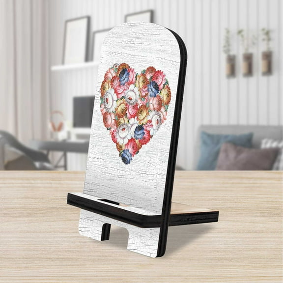 Flowers Heart D�cor Cell Phone Stand | Wood Mobile Tablet Holder Charging Station Organizer - 892036