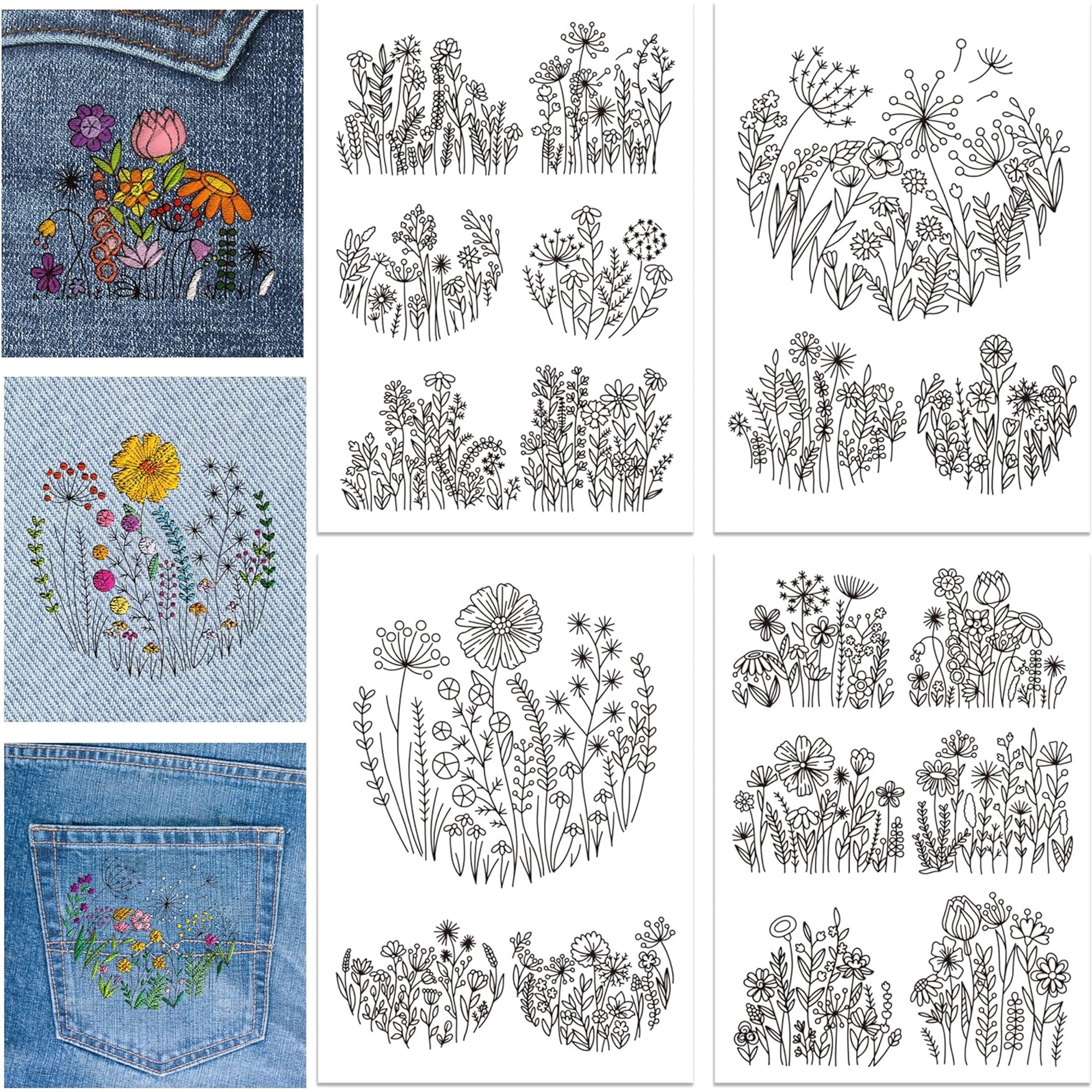 1 Set 4 Sheets Flowers Water Soluble Hand Sewing Stabilizers for Fabric Dandelion Daisy Embroidery Stitch Practice Eembroidery Patterns Transfers for Embroidery Beginners Lovers