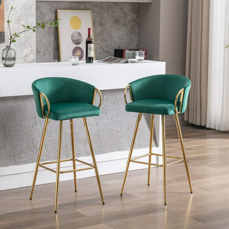 26 Inch Velvet Bar Stools Set of 2 Modern Bar Chairs with Fixed Height and Footrest Counter Height Bar Stools with Metal Frame and Backrest Dining