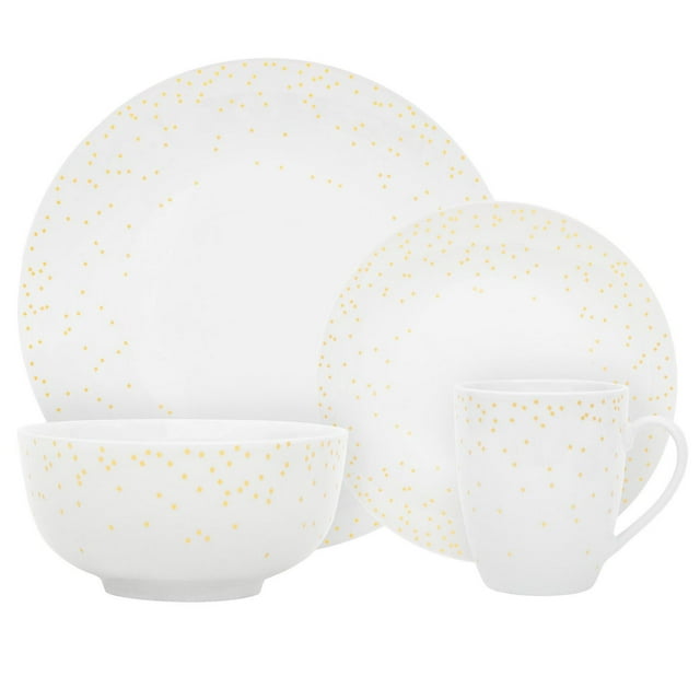 Luxury white porcelain 16-piece dinnerware set featuring a subtle gold diamond confetti design on plates, bowls, and mugs.