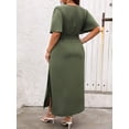 thumbnail image 2 of Plus Size Womens Army Green Solid V-Neck Wrap Short Sleeve Midi Dress, 2 of 6