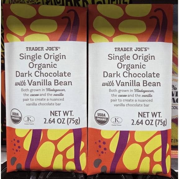 Trader Joe’s Single Origin Organic Dark Chocolate with Vanilla Bean 2.64oz 75g (2 Bars)