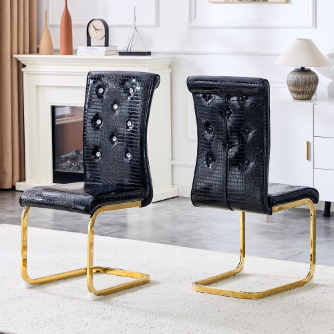 Set of 2 Retro Dining Chairs, Faux Alligator Leather Upholstered Chairs with Crystal Button Details & Plated Metal Bow Legs, 400 LBS, Black & Gold
