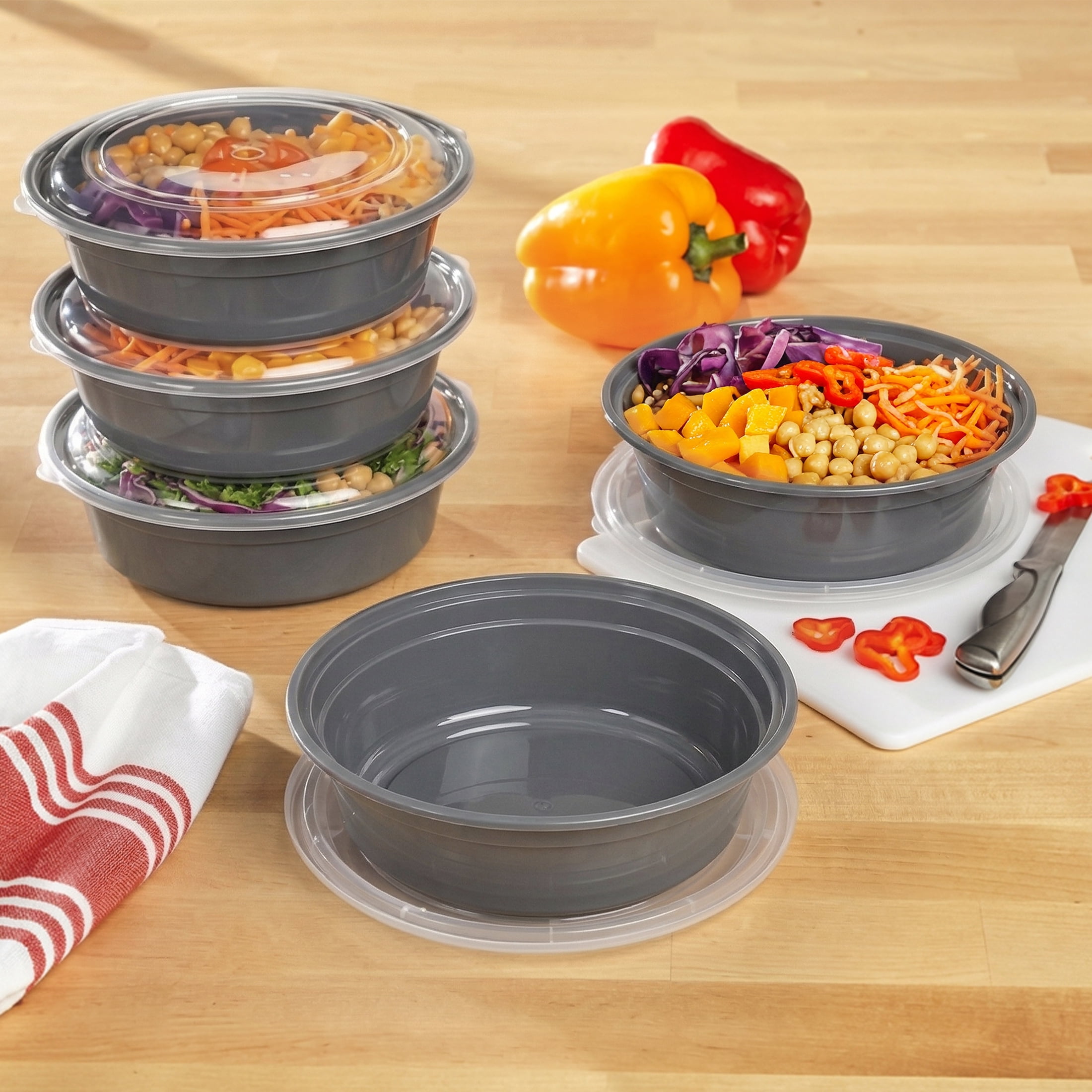 Mainstays 5-Pack Round BPA-Free Plastic Meal Prep Food Storage Containers, 1L, Soothing Grey