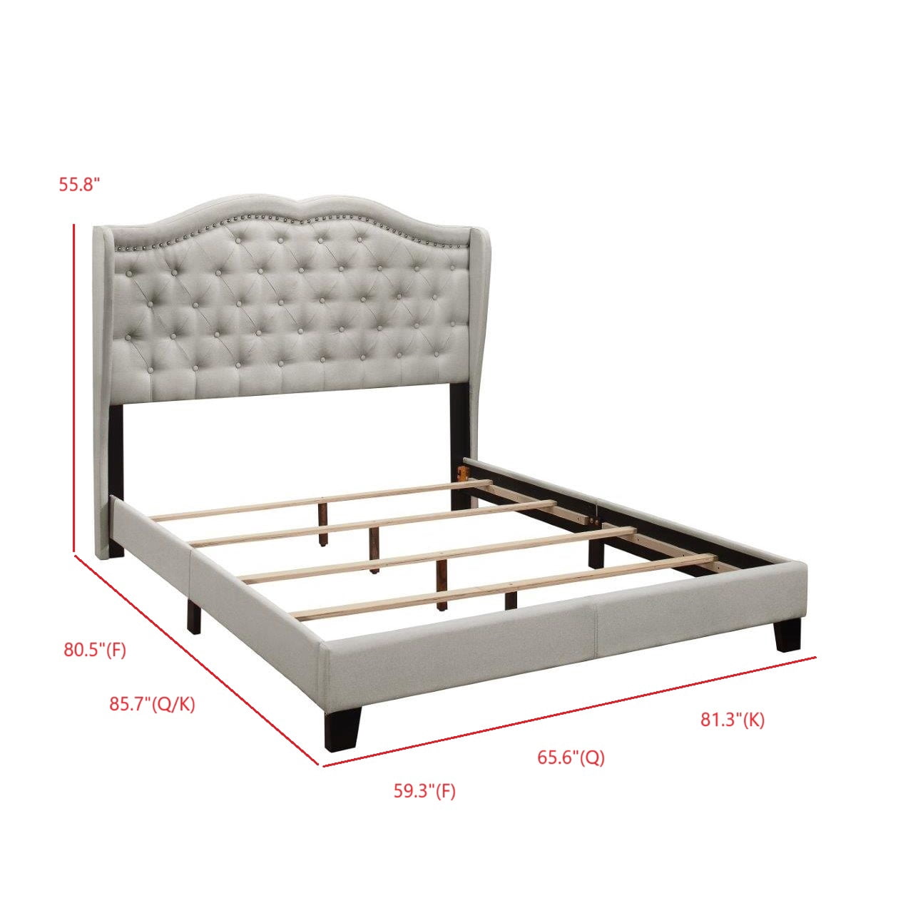 Home Design Aden King Upholstered Panel Bed Frame with Wingback Headboard, Button Tufted, Warm Gray, Easy Assembly, for Adult Bedroom