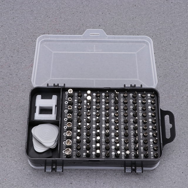 1 Ensemble Kit de Tournevis 117 en 1 Polyvalent Réparation Instrument Précis Ensemble d'Outils de Démontage en Noir et Gris. le Kit Comprend des Embouts en Acier Allié Usinés avec Précision Organisés dans un Boîtier compact en Plastique Noir avec un Couvercle transparent. Idéal pour Réparer des Téléphones Mobiles, PC, PDAs, NDS et Lecteurs MP3 Sans Abîmer les Couvercles. Léger et durable, Parfait pour l'Amélioration de la Maison et les applications d'Outils Manuels.