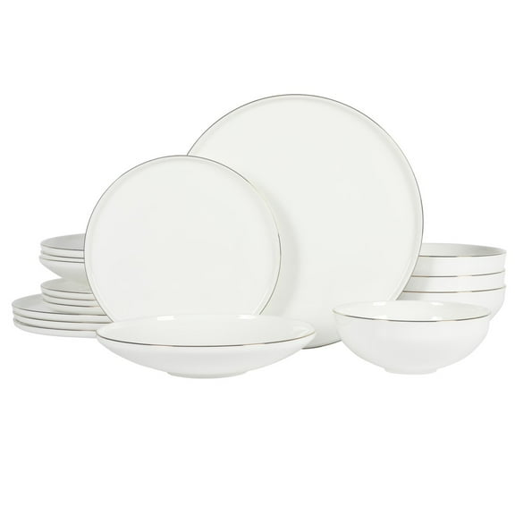 Gibson Elite Lana 16 Piece Bone China Double Plates and Bowls Dinnerware Set W/ Gold Rim