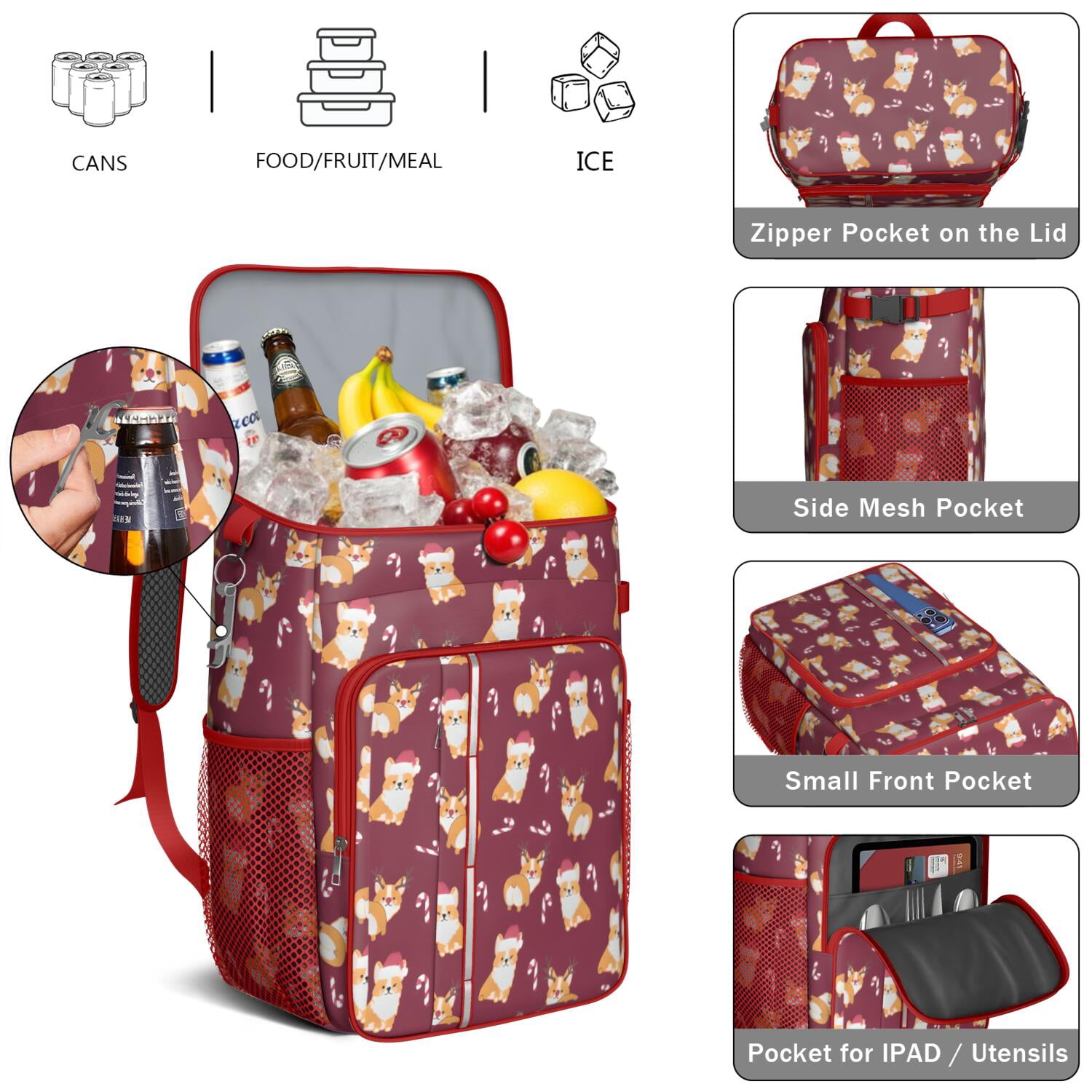 Travel Cooler Bag - Christmas Corgi Camping Beer Cooler Backpack with Bottle Opener- Waterproof Insulated Picnic Backpacks - Cooler Bag for Beach