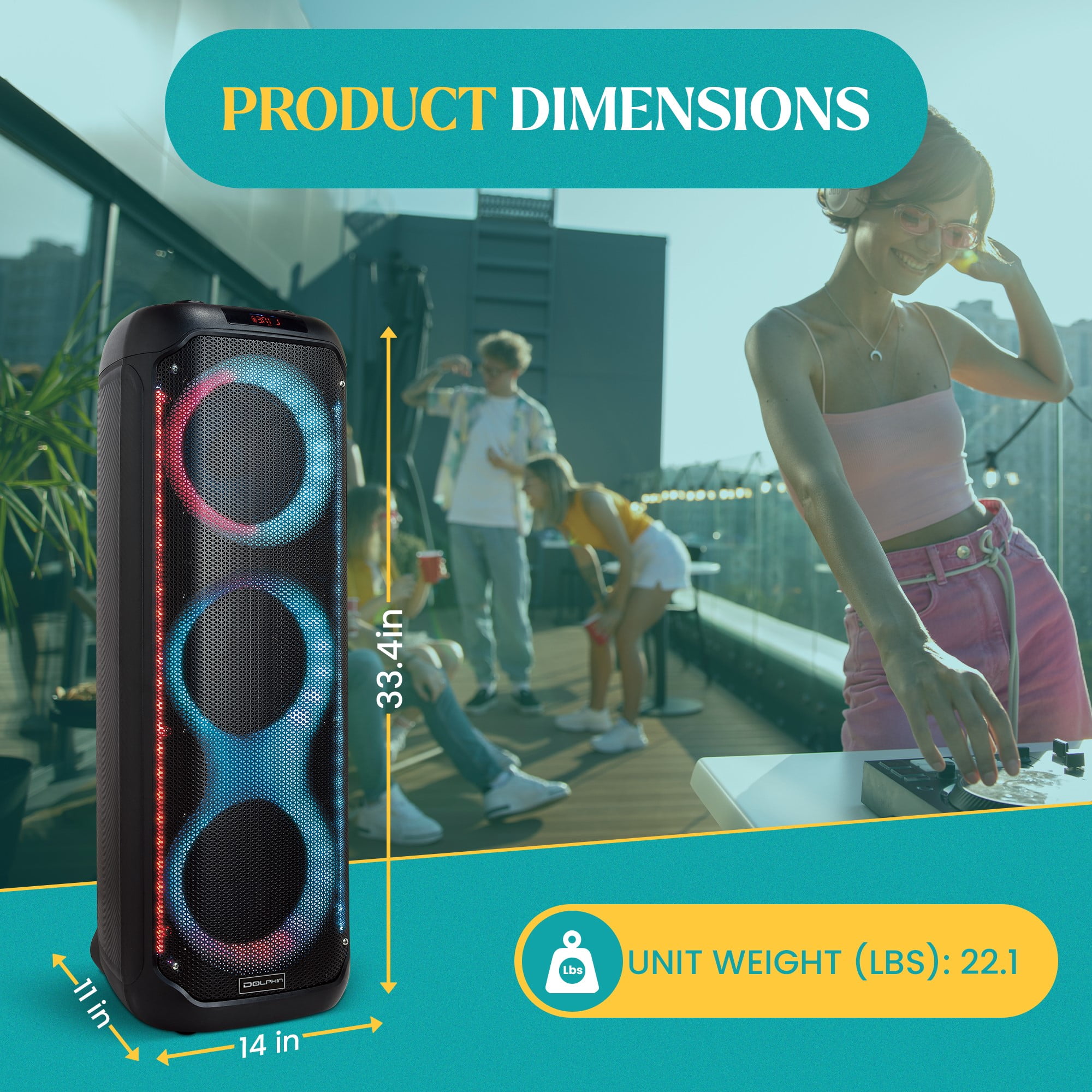 Dolphin KP-380 Triple 8" Bluetooth Party Speaker – Powerful Sound System, 35-Inch Tall, Portable Design, Long Lasting Battery