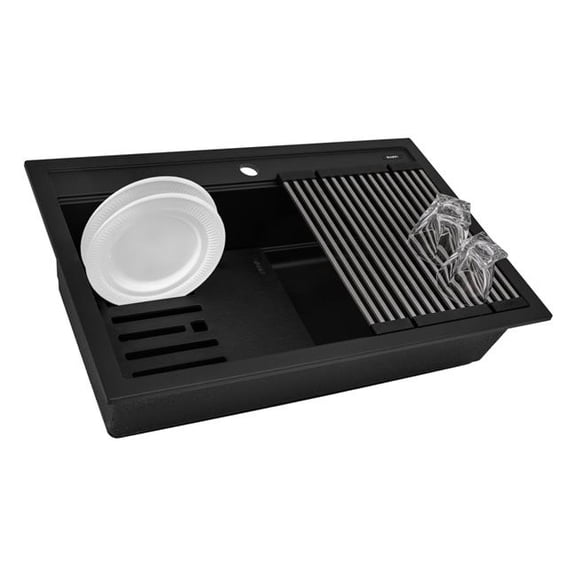 Ruvati RVG1631BK 31 in. Epi Cube Granite Composite Workstation Drop in Top Mount Kitchen Sink, Matte Black
